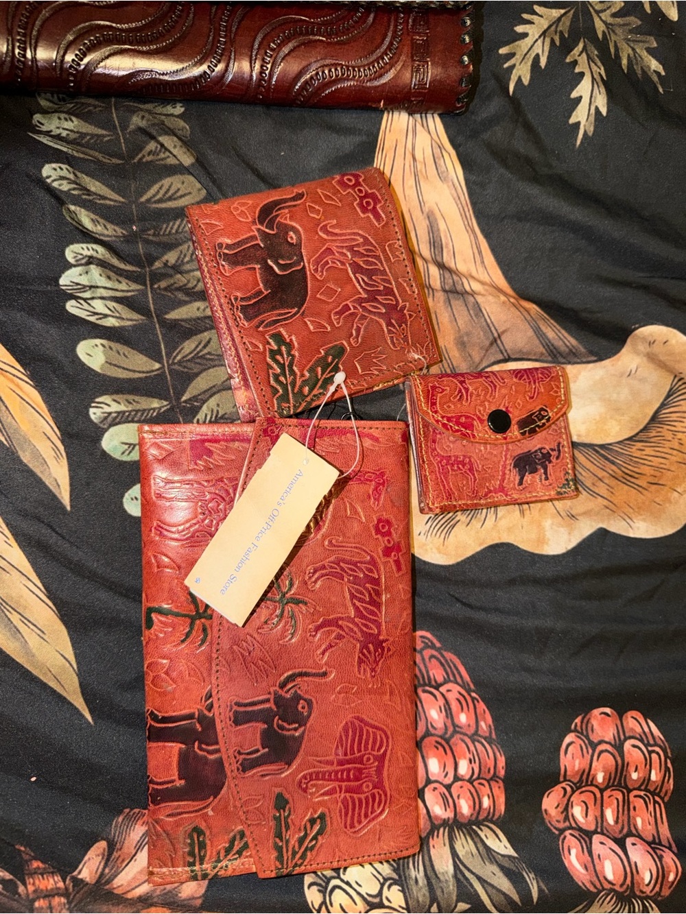 Hand-Tooled Leather Card & Key Holder Set in Rustic Brown with Elephant Motif
